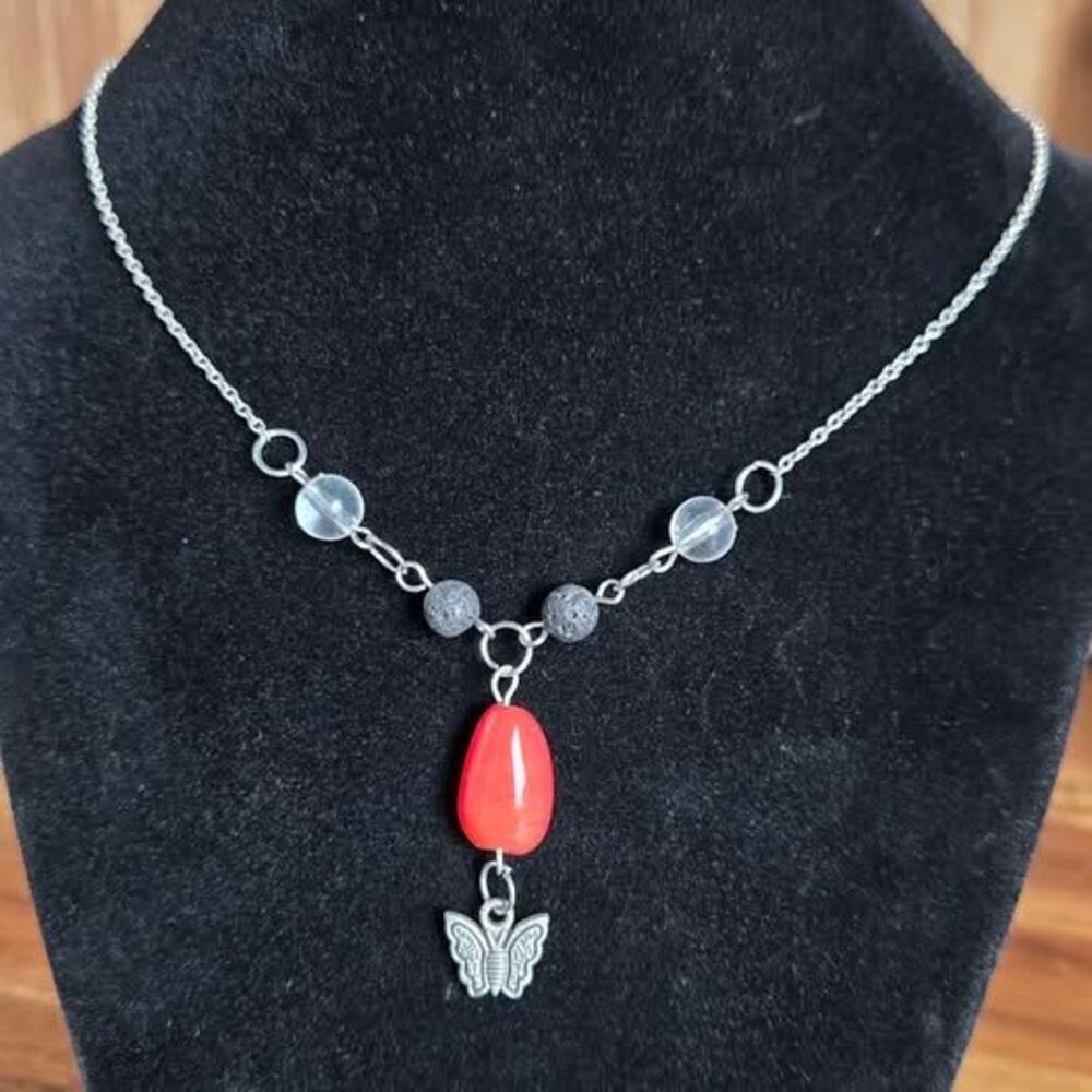 Handmade Aromatherapy Necklace Lava Stone Red Agate Butterfly Pendant 20 Inch